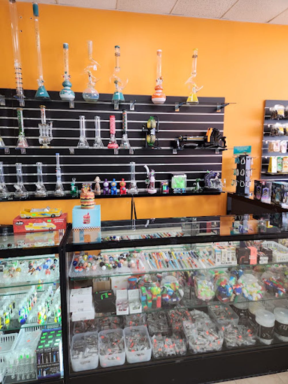 Wall of glassware above display cases